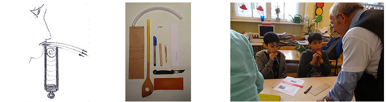 Zeichnung, Material-Bild und Kinder mit Physikpaten beim Ausprobieren der Panflöte